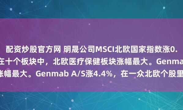 配资炒股官方网 明晟公司MSCI北欧国家指数涨0.2%，报386.38点。在十个板块中，北欧医疗保健板块涨幅最大。Genmab A/S涨4.4%，在一众北欧个股里领跑。